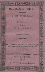 Rötlicher Umschlag von «Das Recht der Weiber. Zeitschrift für Frauen und Jungfrauen», erschienen in Riesbach am Zürichsee.