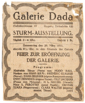 Annonce Galerie Dada, Neue Zürcher Zeitung, 28.3.1917. Quelle: Schweizerisches Literaturarchiv (SLA), Bern. Nachlass Hennings/Ball.