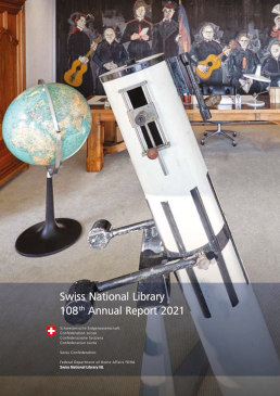 The cover of the Swiss National Library Annual Report 2021 shows Friedrich Dürrenmatt’s study at the Centre Dürrenmatt Neuchâtel.