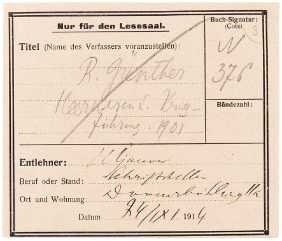 Leihschein vom 24.9.1914, ausgefüllt von Wladimir Uljanow alias Lenin