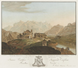 Friedrich Rosenberg und Charles-Melchior Descourtis, Gotthardpasshöhe mit Hospiz und See, ca. 1788, NB, Graphische Sammlung, Sammlung Gugelmann, GS-GUGE-WOLF-7-32