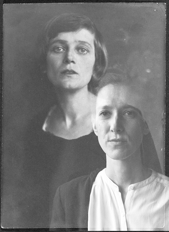 Oben links im Hintergrund ein Porträtfoto von Emmy Hennings, unten rechts im Vordergrund ein Porträtfoto von Ariane von Graffenried