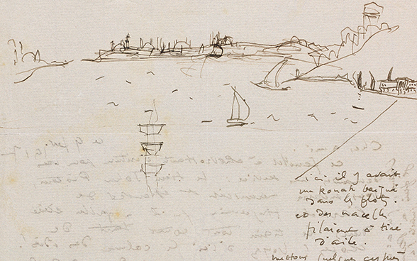 Charles-Édouard Jeannerets handgeschriebener Brief vom 9. Februar 1917 an den Neuenburger Schriftsteller William Ritter, mit einer Skizze von Istanbul und des Bosporus.