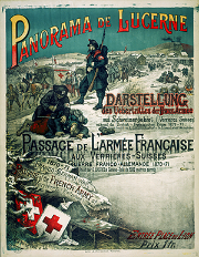 Jeanmaire Edouard, Panorama de Lucerne, Darstellung des Grenzübertritts der Französischen Armee bei Verrières-Schweiz, 1891, Farblithographie, 95,5 x 74,5 cm