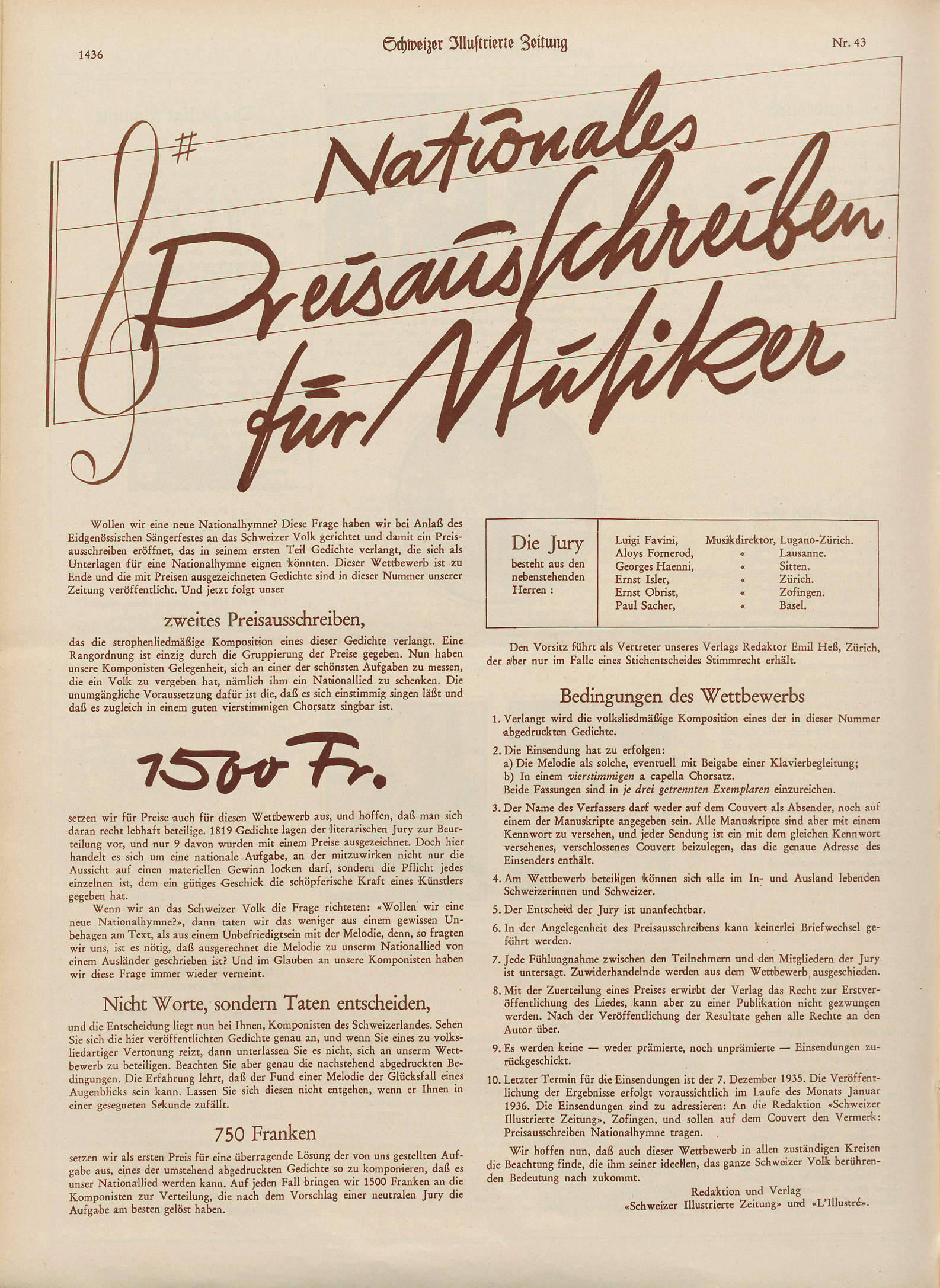 „Nationales Preisausschreiben für Musiker", Schweizer Illustrierte Zeitung, Nr. 43, 23. Oktober 1935