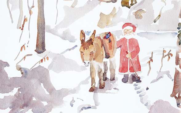 Illustration aus dem Buch «Jack sur le chemin de Noël», die den Weihnachtsmann mit seinem Esel in einem verschneiten Wald zeigt.