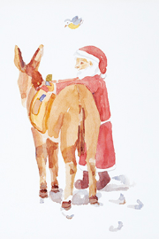 Illustration aus dem Buch «Jack sur le chemin de Noël», in der der Weihnachtsmann Geschenke in eine Tasche verstaut, die von seinem Esel getragen wird.
