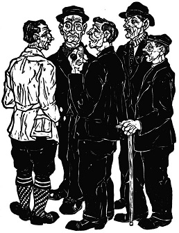 Die schwarzweisse Druckgrafik zeigt fünf nahe beieinanderstehende Herren, welche ins Gespräch zu vertieft sein scheinen. 