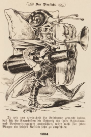Mann mit Beinharnisch und einem am Rücken festgebundenen riesigen Kissen. Im rechten Arm trägt er eine Kanone und einen Säbel, im linken eine Matratze als Schild. Auf seinem Kopf thront eine Riesenschnecke, und eine Art Trompete zur Aufspürung der Anarchisten verlängert seine Nase.