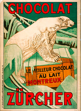 Das Werbeplakat von Chocolat Zürcher, Montreux, zeigt eine gefrorene Landschaft mit einem Eisbären, der sich auf eine Holzkiste mit der Aufschrift «le meilleur chocolat au lait» (die beste Milchschokolade) stützt.. Graphische Sammlung der Nationalbibliothek
