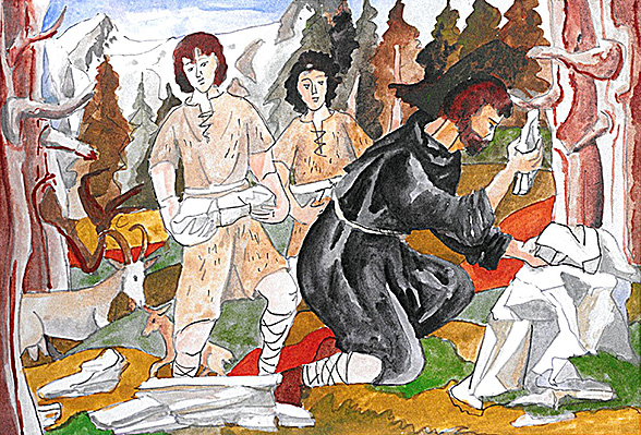 Die Knaben Retus und Columbin helfen dem Wandermönch Sigisbert beim Bau einer Küche. Das Bild stammt aus der Originalausgabe des Buchs «Sigisbert en Rezia» aus dem Jahr 1902.