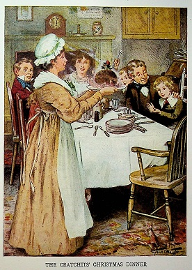 Die colorierte Zeichnung zeigt eine Familie an einem festlich gedeckten Esstisch. Eine Angestellte bringt gerade einen dampfenden und dekorierten Braten in das Zimmer. 