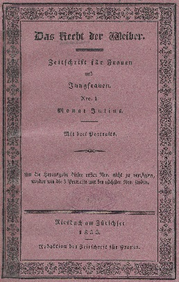 Rötlicher Umschlag von «Das Recht der Weiber. Zeitschrift für Frauen und Jungfrauen», erschienen in Riesbach am Zürichsee.