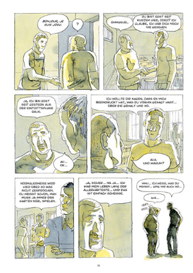 Eine Seite aus dem Comic von Javier de Isusi. Die Zeichnungen sind in den für das Buch typischen Farben Gelb, Schwarz und Grau gehalten.