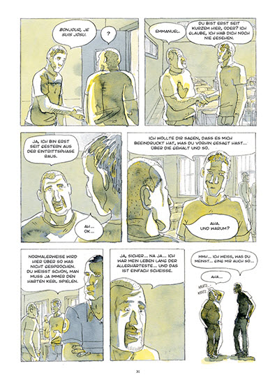 Eine Seite aus dem Comic von Javier de Isusi. Die Zeichnungen sind in den für das Buch typischen Farben Gelb, Schwarz und Grau gehalten.