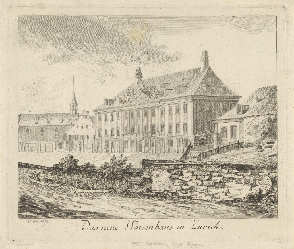 Radierung des Waisenhauses in Zürich, 1771 bezogen, mit der Limmat im Vordergrund und dem Kloster Oetenbach.