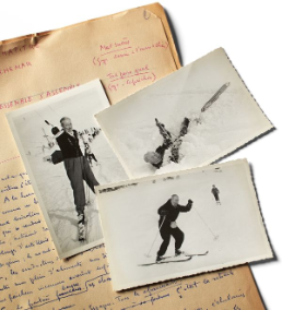 Paul Morand beim Skifahren in Crans-sur-Sierre (50er Jahre; © Charles Dubost) und eine Seite aus dem Manuskript des „Flagellanten von Sevilla (1951). © Foto Simon Schmid, NB