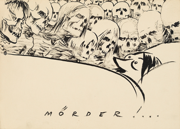 Pen-and-ink drawing of Adolf Hitler in bed with skulls in the background.