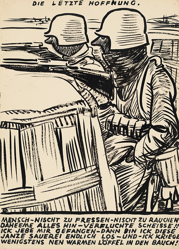 A pen-and-ink drawing of two soldiers on a battlefield.
