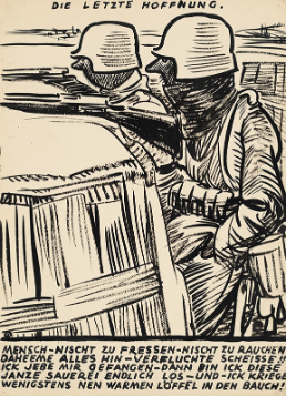 A pen-and-ink drawing of two soldiers on a battlefield.