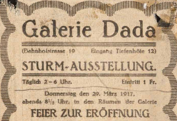 Annonce Galerie Dada, Neue Zürcher Zeitung, 28.3.1917, Bibliothèque nationale suisse, Archives littéraires suisses. Fonds Hennings/Ball