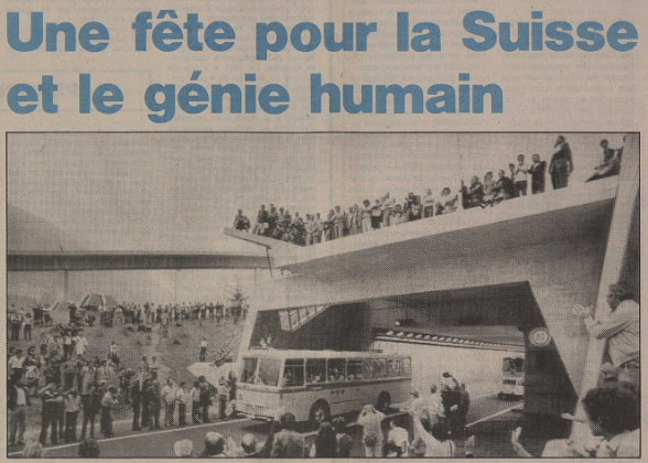 Le tunnel routier du Gothard était inauguré le 5 septembre 1980, Photograph inconnu, « Gothard : Une fête pour la Suisse et pour le génie humaine », in : Le Nouvelliste et Feuille d’avis du Valais 13e année, no. 207 du 6/7 septembre 1980, p. 1 © Le Nouvelliste