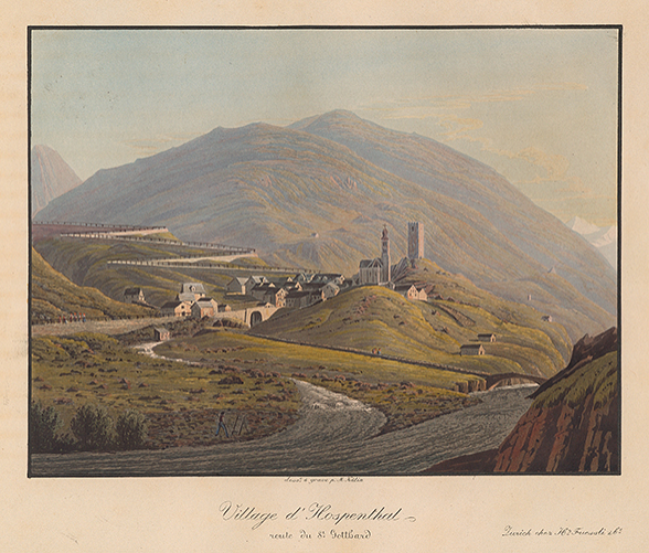 Aus: Ansichten der neuen St. Gotthards-Strasse von Fluelen bis Lugano nach der Natur gezeichnet und geäzt von M. Kälin und J. Suter, nebst einer Beschreibung von Herrn Lusser M.D. aus Altdorf (Blatt 11), 1833, Kälin, Joseph Meinrad (1792-1834), Heinrich Füssli & Co. (Zürich), Aquatinta koloriert, 14.2 x 19.0 cm (Bildmasse), 23.7 x 30.9 cm (Blattmasse), GS-GRAF-ANSI-UR-21