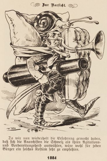 Man wearing armour on his legs and feet, with a giant pillow tied to his back. He carries a cannon and sabre in his right hand, and a mattress serving as a shield in his left. A giant snail sits on his head, and his nose is extended into a kind of trumpet designed to detect anarchists