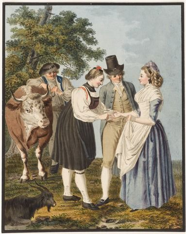 The Fortune Teller of Guggisberg is a genre picture. It shows a fortune teller in everyday costume reading the palm of a smartly dressed city woman, who wants to know if her wealthy male companion can make her lucky in love. The next customer can be seen in the background: a farmer with his cow which, perhaps, is not giving enough milk.
