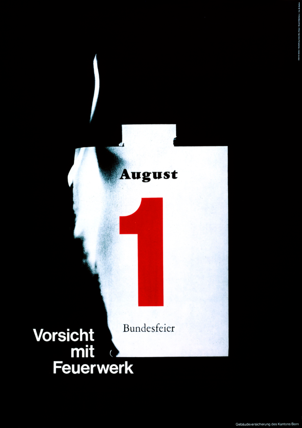 The picture shows a calendar page for 1 August, with “Swiss National Day” inscribed across the bottom. The left-hand edge of the page is partly burnt away, and a hint of flame can be seen flickering from it and into the black background. The legend “Handle fireworks with care” is at bottom left.