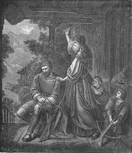The engraving shows Werner and Gertrud Stauffacher with their children on the veranda in front of their house. Werner, a troubled look on his face, is sitting on a chair while his wife stands upright, her index finger raised, remonstrating with him. One child clings to her skirt, while to the right the other plays with a crossbow.