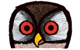 Portrait of an owl with big red eyes and a yellow beak.