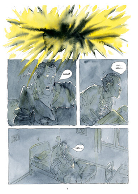 Une page de la bande dessinée de Javier de Isusi. Les dessins sont dans les trois couleurs typiques du livre, jaune, noir et gris.