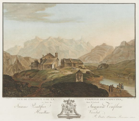 Friedrich Rosenberg et Charles-Melchior Descourtis, Vue de l'Hospice & de la Chapelle des Capucins, au haut du Mont St.Gothard, vers 1788, BN, Cabinet des estampes, collection Gugelmann, GS-GUGE-WOLF-7-32