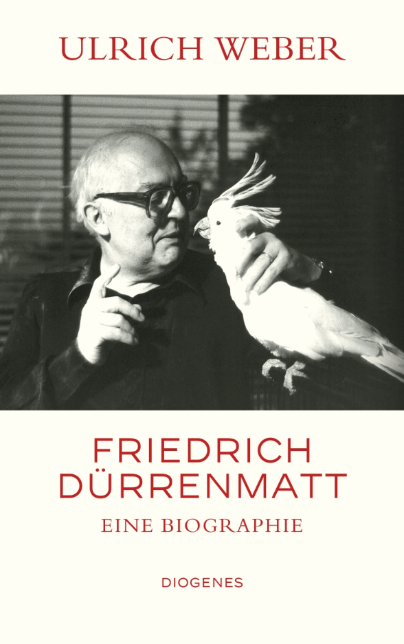 Foto von Friedrich Dürrenmatt mit Kakadu mit Autor und Titel des Buches.