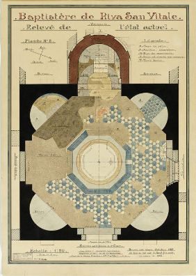 Riva San Vitale, baptistère, relevé, dessin à l'encre aquarellé d'Albert Naef, 1925.