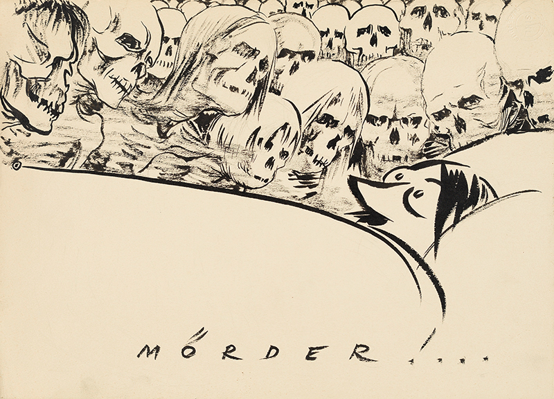 Dessin à l’encre de Chine représentant Adolf Hitler au lit avec des têtes de mort à l’arrière-plan