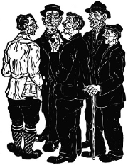 L’estampe en noir et blanc montre cinq hommes debout, proches les uns des autres, qui semblent être en pleine conversation.