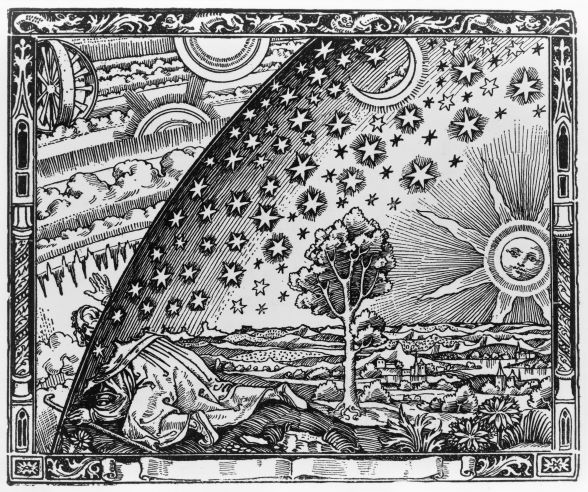 La gravure médiévale sur bois montre une personne agenouillée sur une colline, dont la tête et la main droite percent la voûte du cosmos pour apercevoir les motifs multicouches et complexes de l'au-delà.