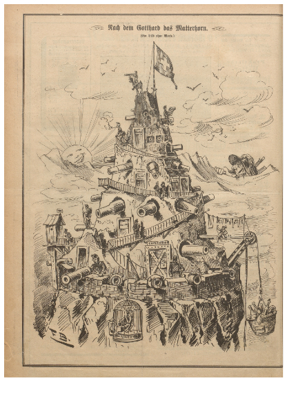 La caricature représente le Cervin, transformé en forteresse militaire. De nombreux canons jaillissent de la montagne. A son sommet flotte le drapeau suisse, et une sentinelle vigilante regarde au loin avec une longue-vue.