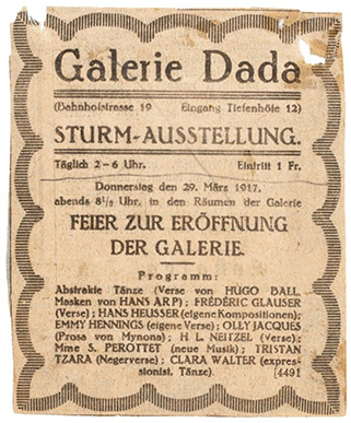 Annuncio Galerie Dada, Neue Zürcher Zeitung, 28.3.1917. Archivio svizzero di letteratura (ALS), Berna. Lascito Hennings/Ball.