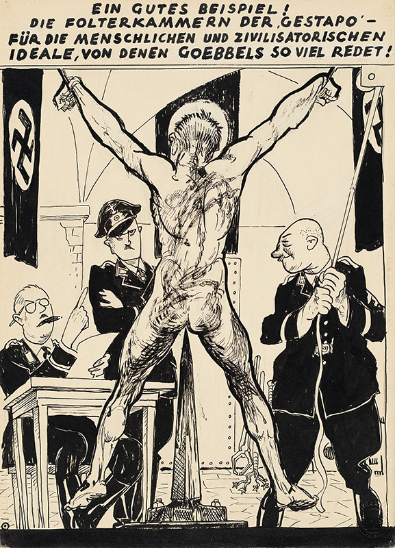 Disegno a china che ritrae un uomo nudo davanti a tre ufficiali della Gestapo.
