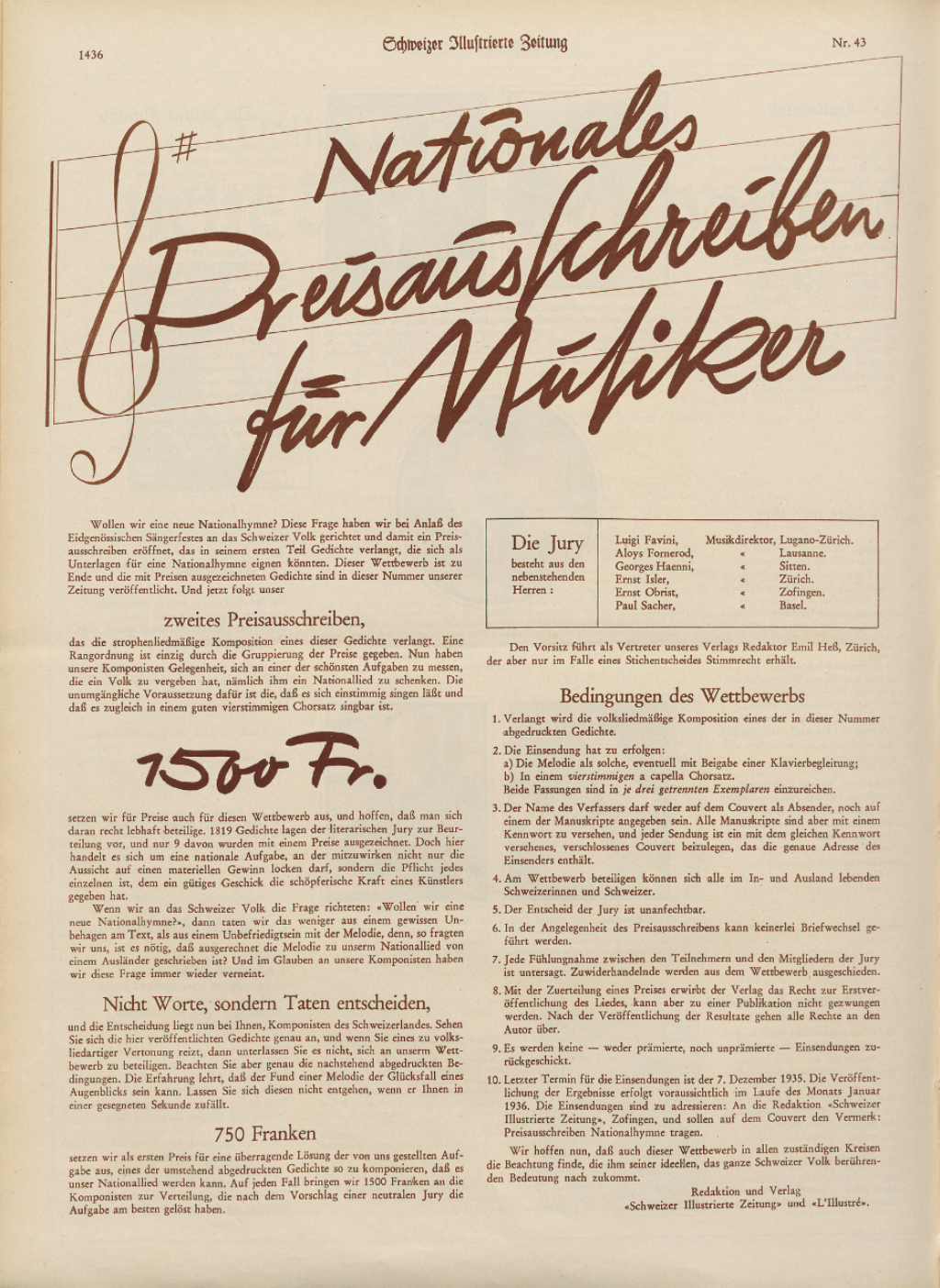 “Concorso nazionale a premi per musicisti”, Schweizer Illustrierte Zeitung, n. 43, 23 ottobre 1935