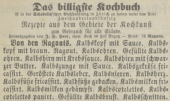 Oltre al titolo del libro «Das billigste Kochbuch» e le altre informazioni bibliografiche, l’inserzione menziona anche che è possibile acquistare questa nuova pubblicazione presso la libreria Schablitz’sche Buchhaltung di Zurigo al 