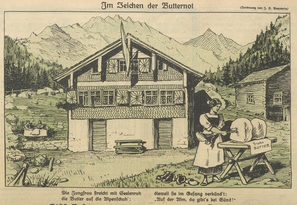La caricatura in bianco e nero mostra una piccola graziosa fattoria sullo sfondo di un bel paesaggio alpino. In primo piano, una contadina sta in piedi accanto a un tavolo su cui sono disposti due grandi pezzi di burro. La giovane ha infilato la mano sinistra in uno stivale mentre con la destra affonda un cucchiaio nel burro, probabilmente per spalmarlo sugli stivali. Sotto la caricatura si legge il testo seguente: «Con il burro in mano, senza premure, la fanciulla unge le calzature; canticchiando dice: ‹in montagna non vi è peccatrice›».